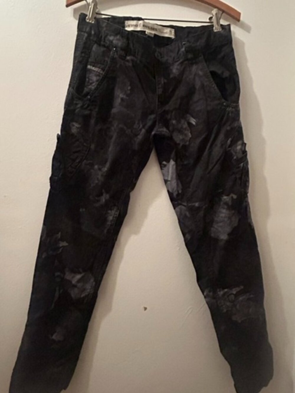 Diesel Female Slim Cropped Black Grey Camouflage Print Utility Cargo Pants